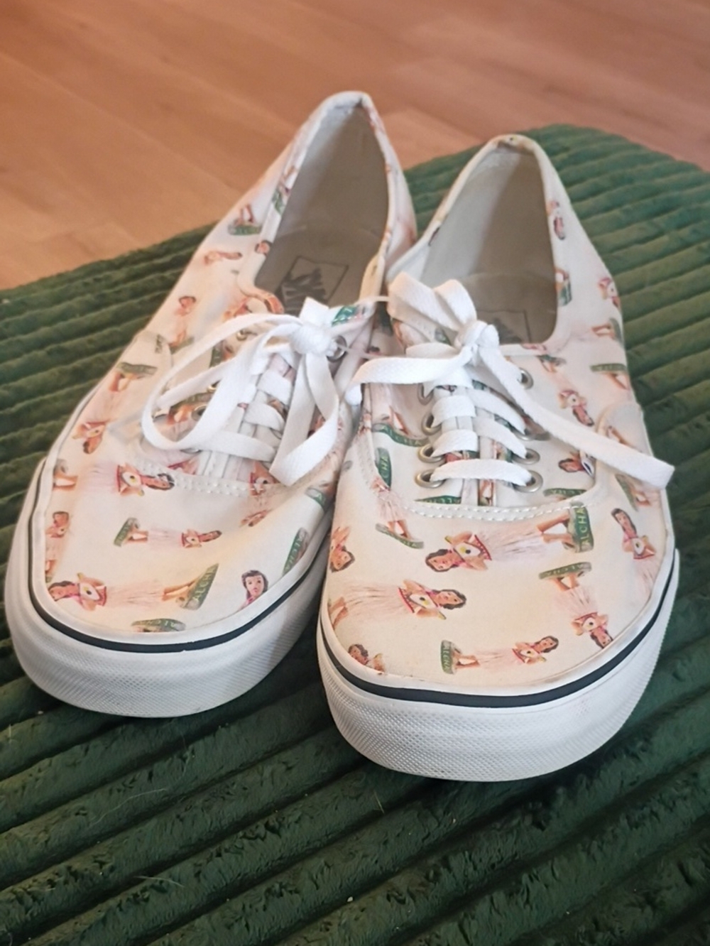 Vans White Low Top Sneakers with Pink & Green Hula Girl Print